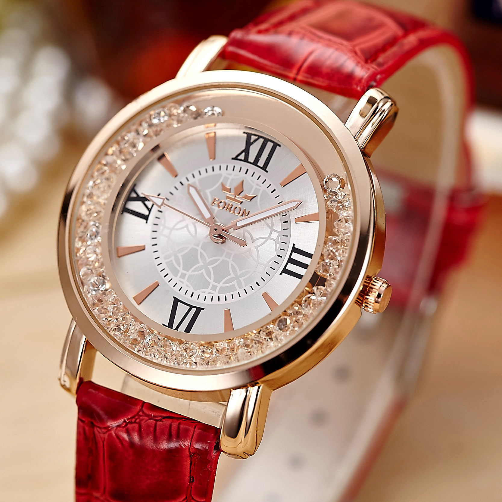 韓國真皮時裝表時尚手表女學生韓版簡約夜光水鉆紅白特價石英手表