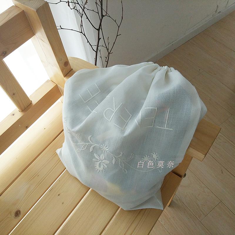 新品上架手工簡單刺繡純白混紡仿麻布中號收納袋環保超市收口袋