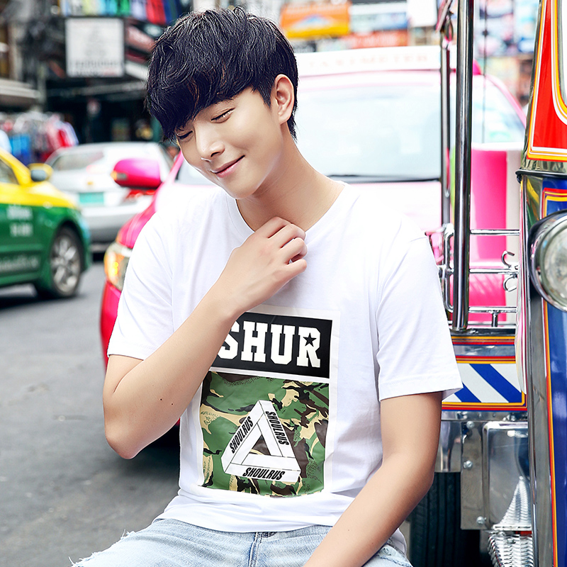 夏季男士短袖T恤 韓版修身時尚迷彩印花潮男裝體恤青年上衣服