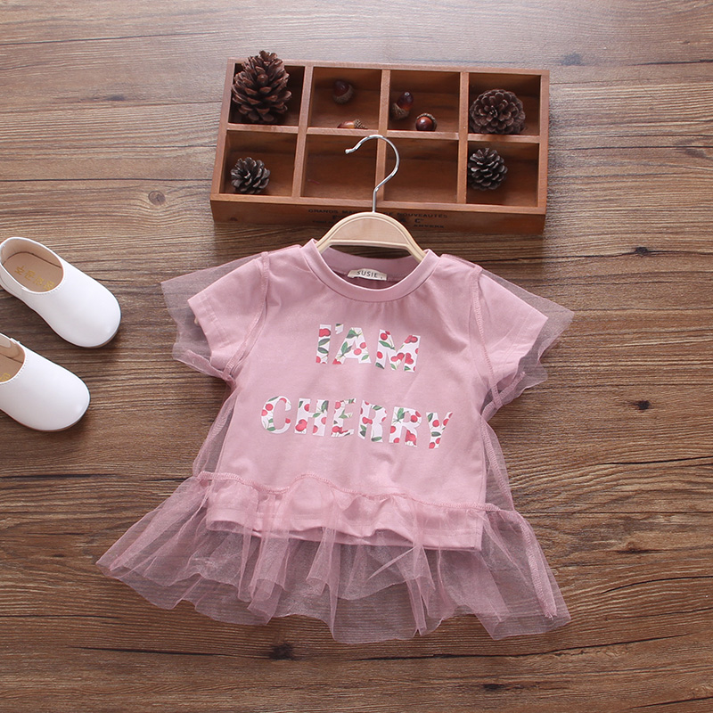 女童裝t恤短袖夏季女寶寶薄款打底衫韓版字母時尚網紗上衣服