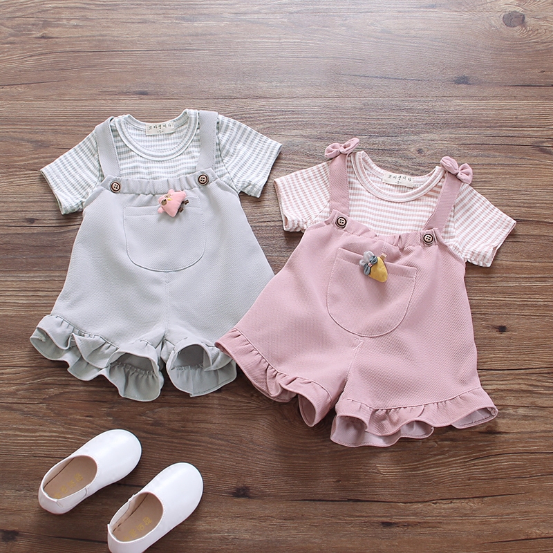 女童短袖套裝夏季女寶寶韓版兩件套背帶褲嬰幼兒純棉T恤衣服