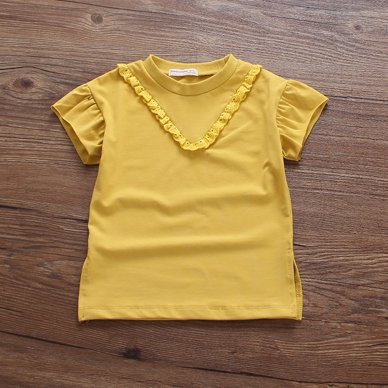 女童裝新款寶寶t恤短袖女夏季嬰兒純棉中長款花邊泡泡袖上衣
