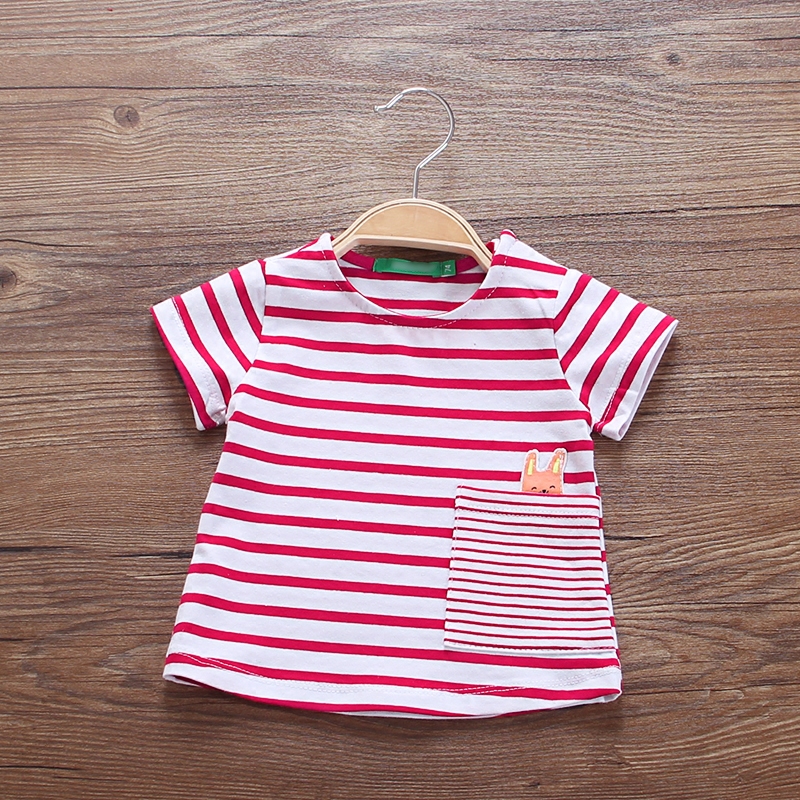 女童裝新款寶寶短袖t恤女夏季條紋上衣服嬰兒卡通圓領打底衫